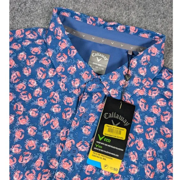 Callaway Mens XL Opti-Dri Golf Polo Galaxy Blue Pink Crab Print UPF 50 NWT - Picture 1 of 8